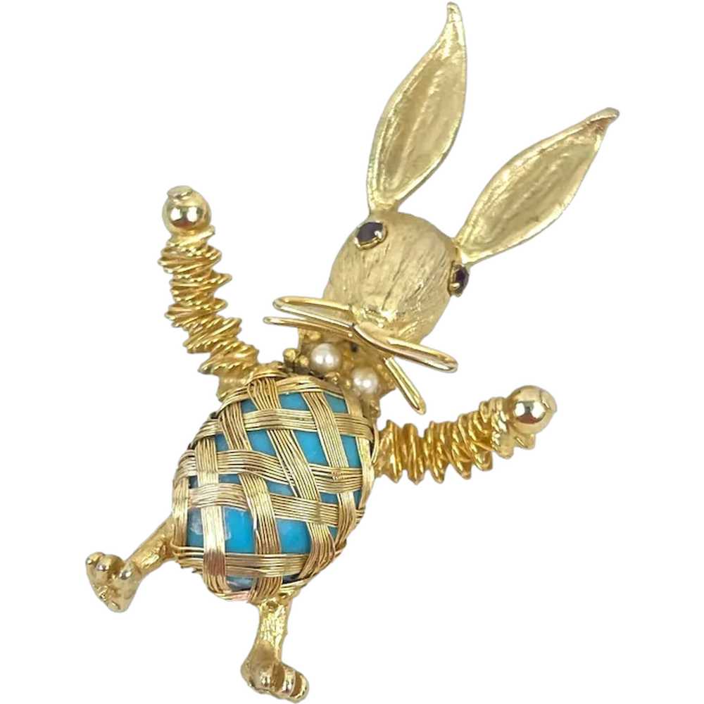 Vintage Gold Toned Bunny Brooch With Pearl Accent… - image 1