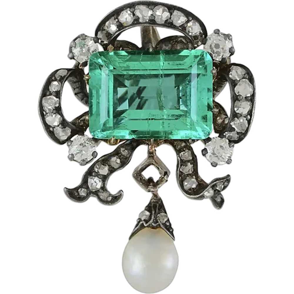 Antique Victorian No Oil Colombian Emerald, Pearl… - image 1