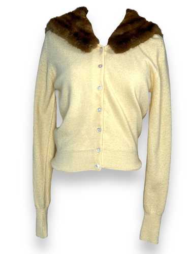 1940s Mink Collar and Crème Wool Cardigan Sweater