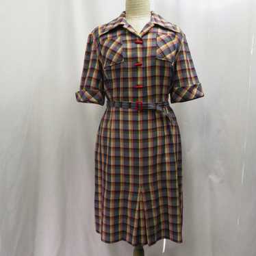 Dark blue-red-yellow checked dress from the 70s, … - image 1