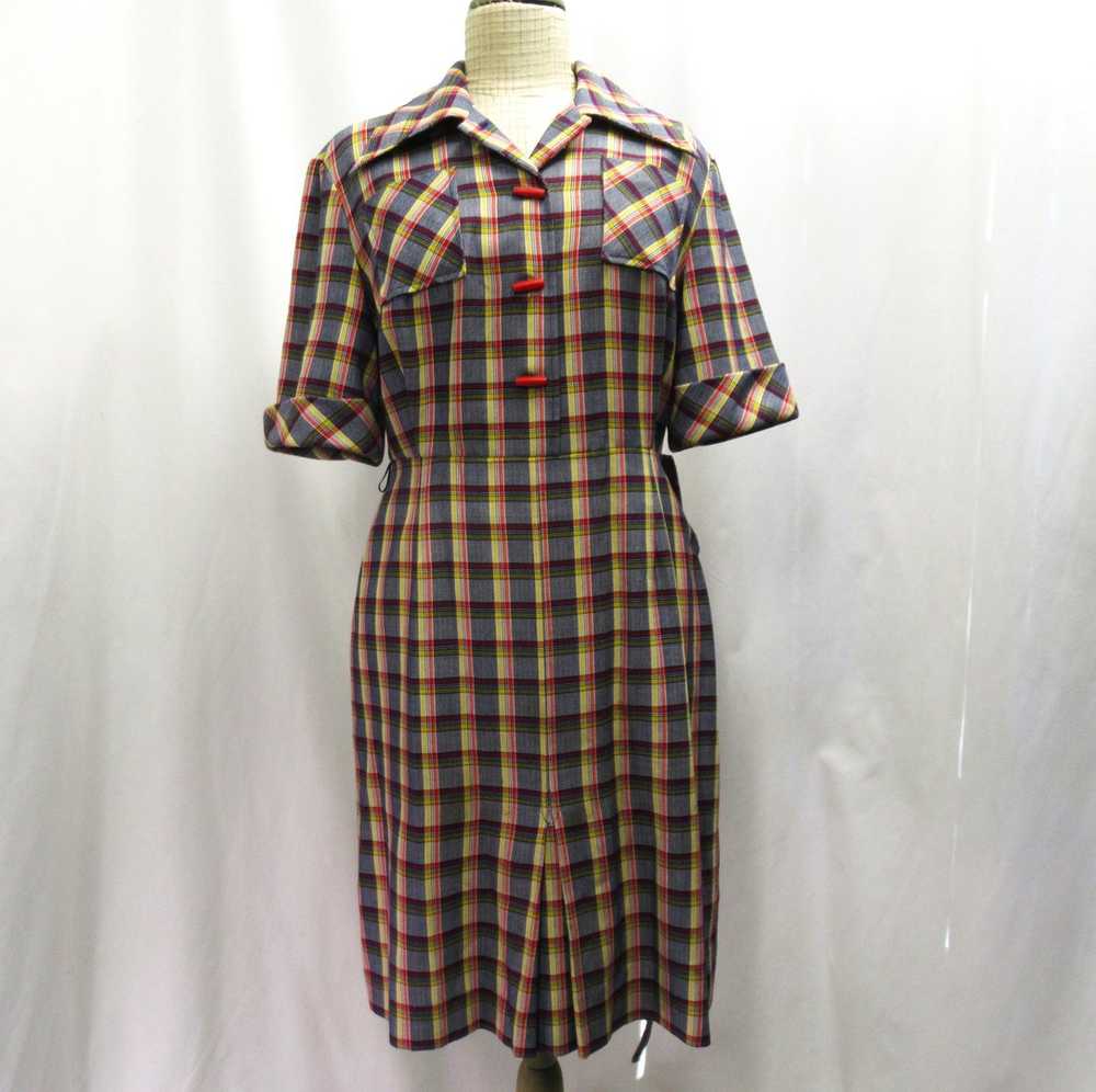 Dark blue-red-yellow checked dress from the 70s, … - image 2