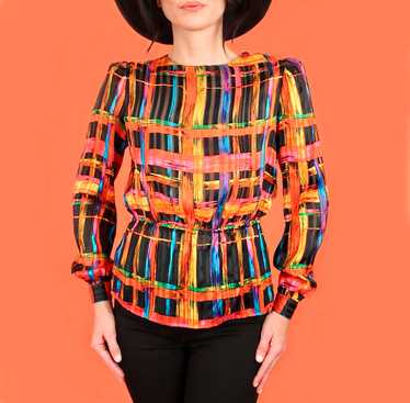 Vintage 80's Black Rainbow Silk Blouse - image 1