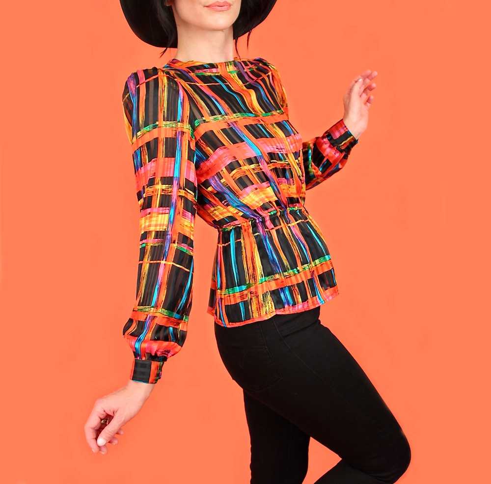 Vintage 80's Black Rainbow Silk Blouse - image 2