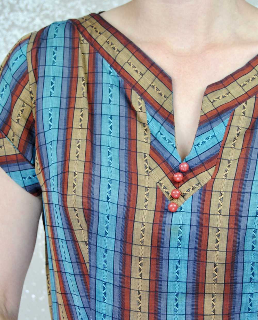 1950s Vintage Brown Caramel & Blue Striped Plaid … - image 12