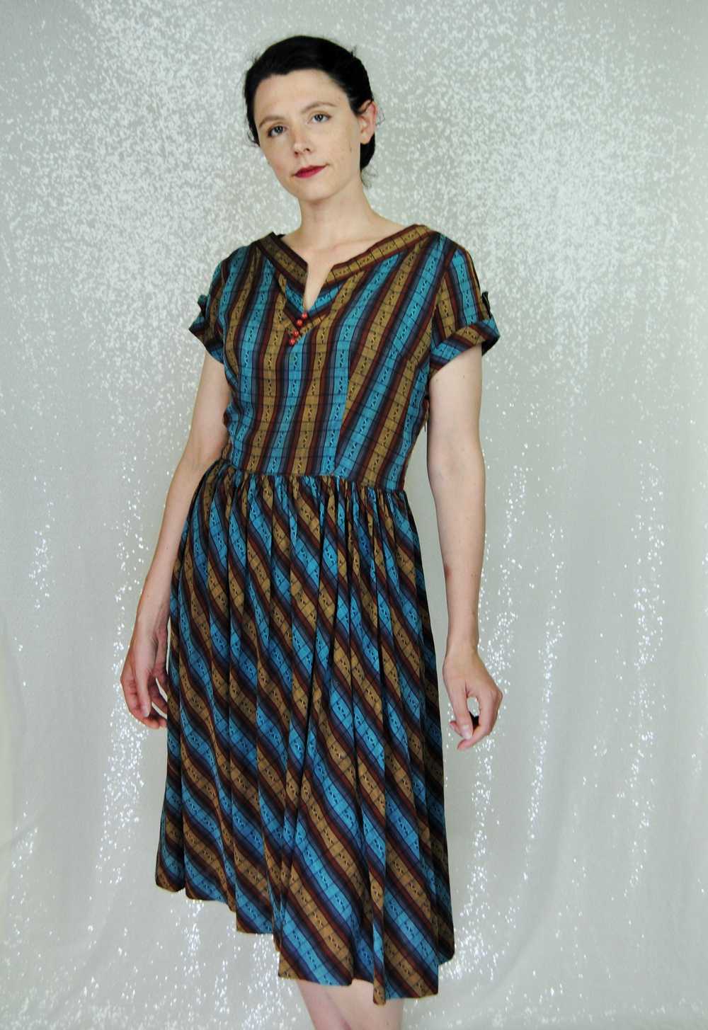 1950s Vintage Brown Caramel & Blue Striped Plaid … - image 1