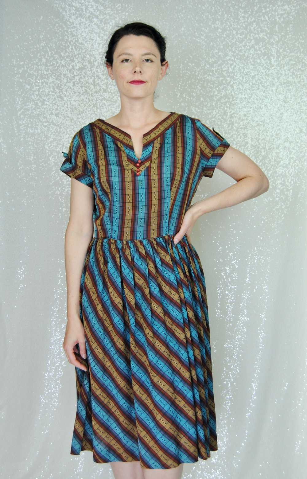 1950s Vintage Brown Caramel & Blue Striped Plaid … - image 3