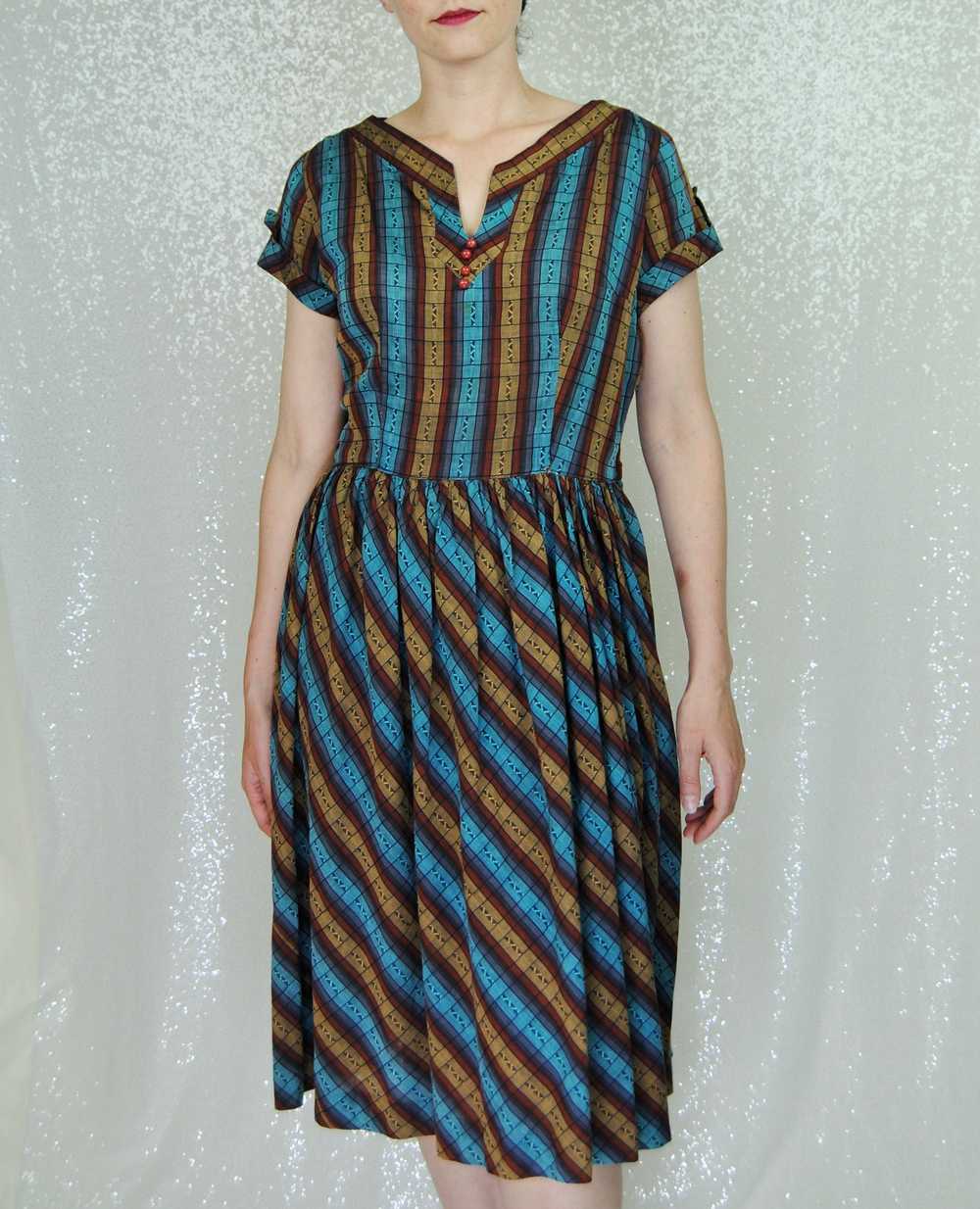 1950s Vintage Brown Caramel & Blue Striped Plaid … - image 4