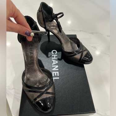 CHANEL DARK GREY METALLIC & patent leather ankle … - image 1