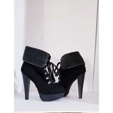 Black suede sherpa heeled booties - image 1