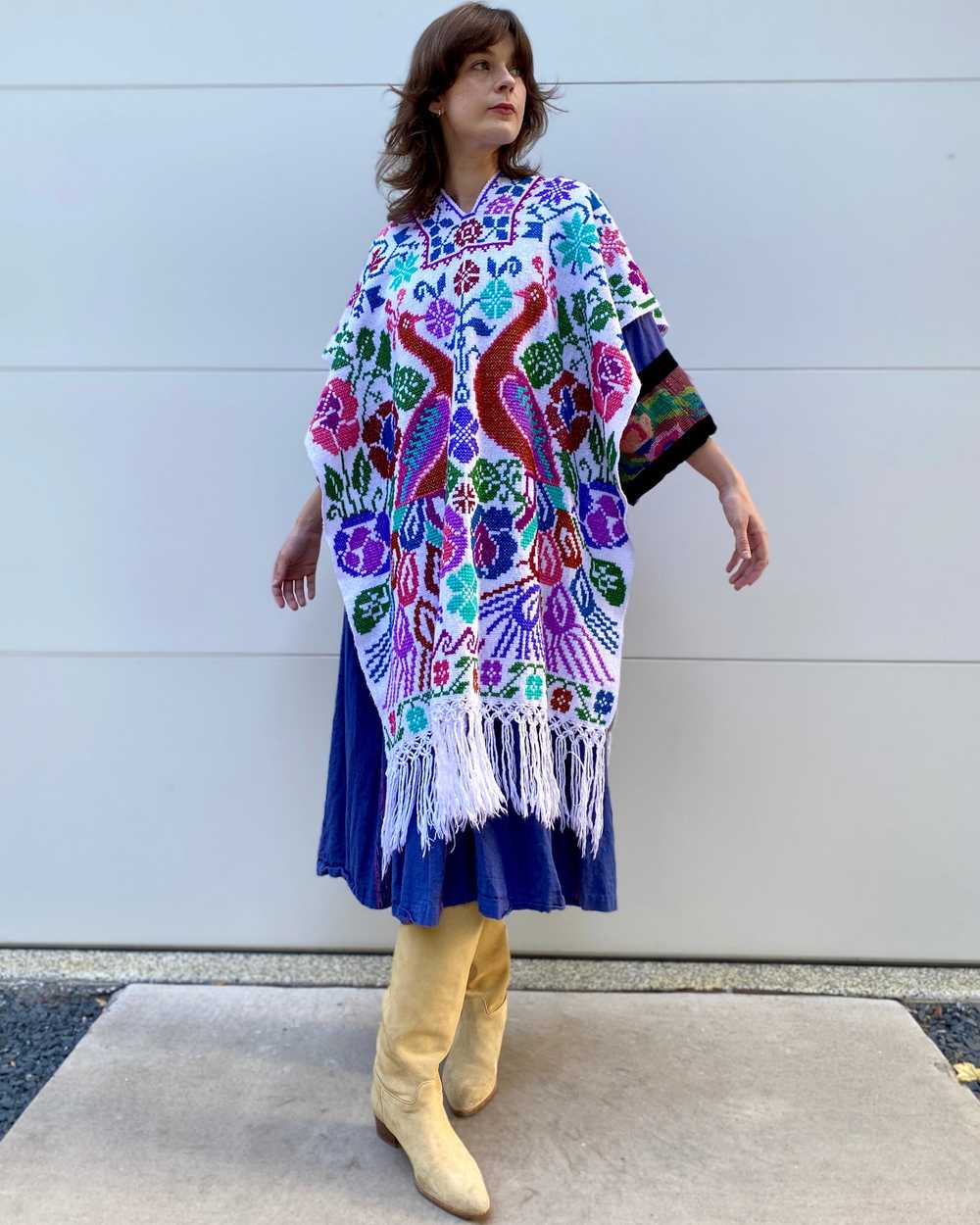 Peacock Daydream Cross Stitch Knit Poncho - image 1