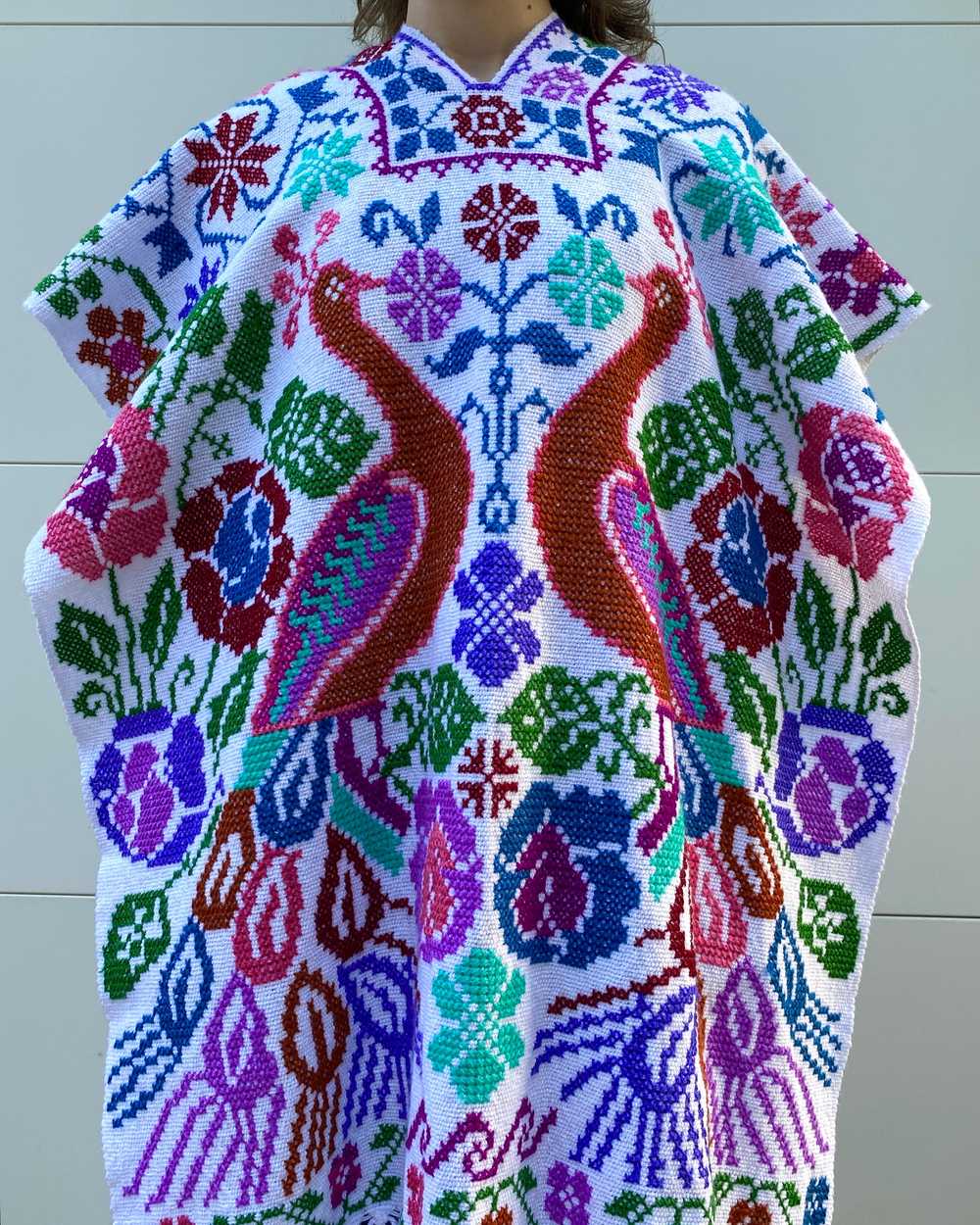 Peacock Daydream Cross Stitch Knit Poncho - image 3