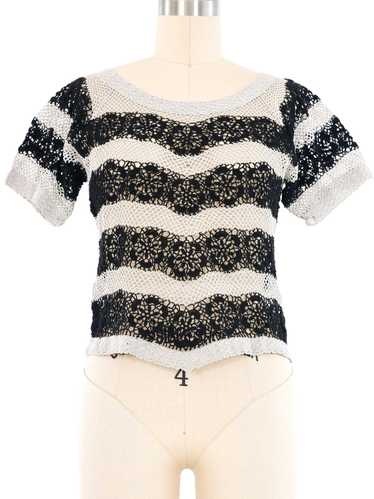 Black and Grey Striped Floral Crochet Top