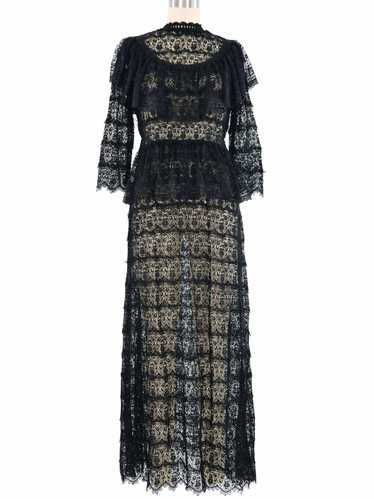 Black Floral Lace Ruffle Crochet Maxi Dress