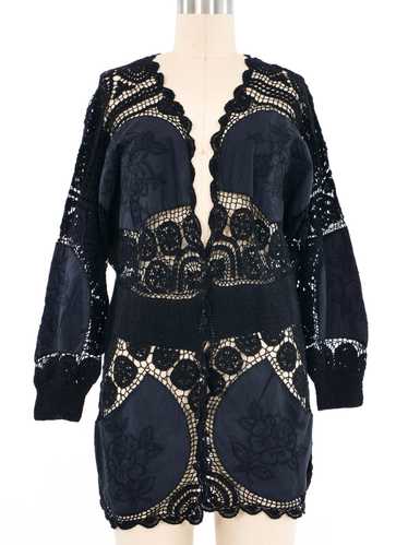 Black Rose Embroidered Cotton Crochet Jacket