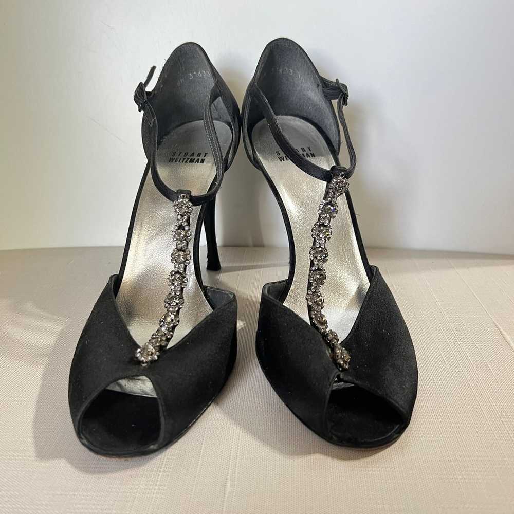 Stuart Weitzman Black Satin T-Strap Rhinestones E… - image 3