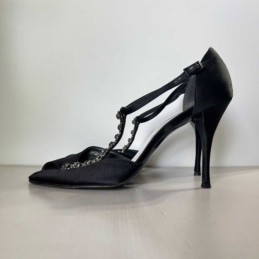 Stuart Weitzman Black Satin T-Strap Rhinestones E… - image 4