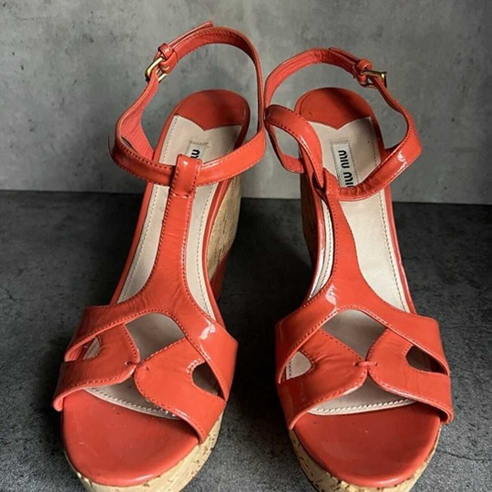 Miu Miu Leather Cork Wedge T-Straps Sandals Platf… - image 1