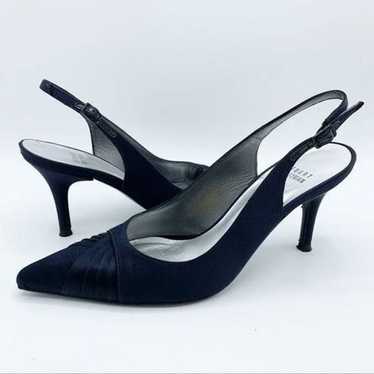 Stuart Weitzman Navy Blue Satin Sling-Back Formal… - image 1