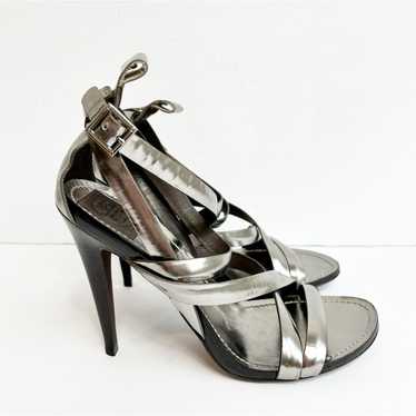 TORY BURCH METALLIC PEWTER STRAPPY HEELED SANDALS 