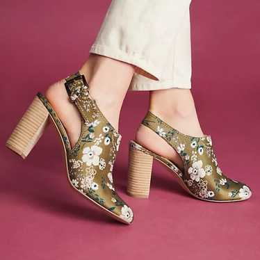 Anthropologie Olive Green Floral Print Slingback H