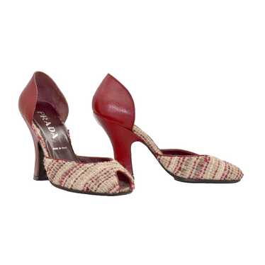 C0 Auth PRADA D Orsay Red Leather Strappy Tweed P… - image 1