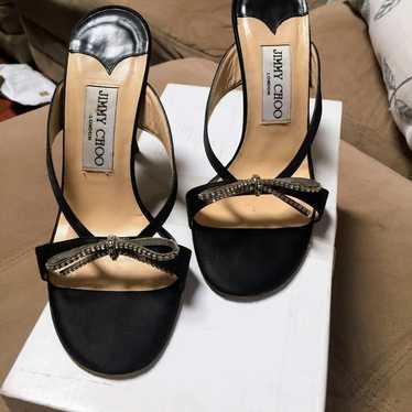 Jimmy Choo $810 Satin Crystal Bow Heels Black Sz … - image 1