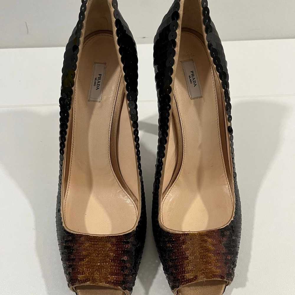 Prada Sequin Peep Toe Pumps, brown, size EU 40.5 - image 2