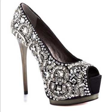 ZIGINY Romi Jeweled Satin Peep Toe Pumps in Black… - image 1