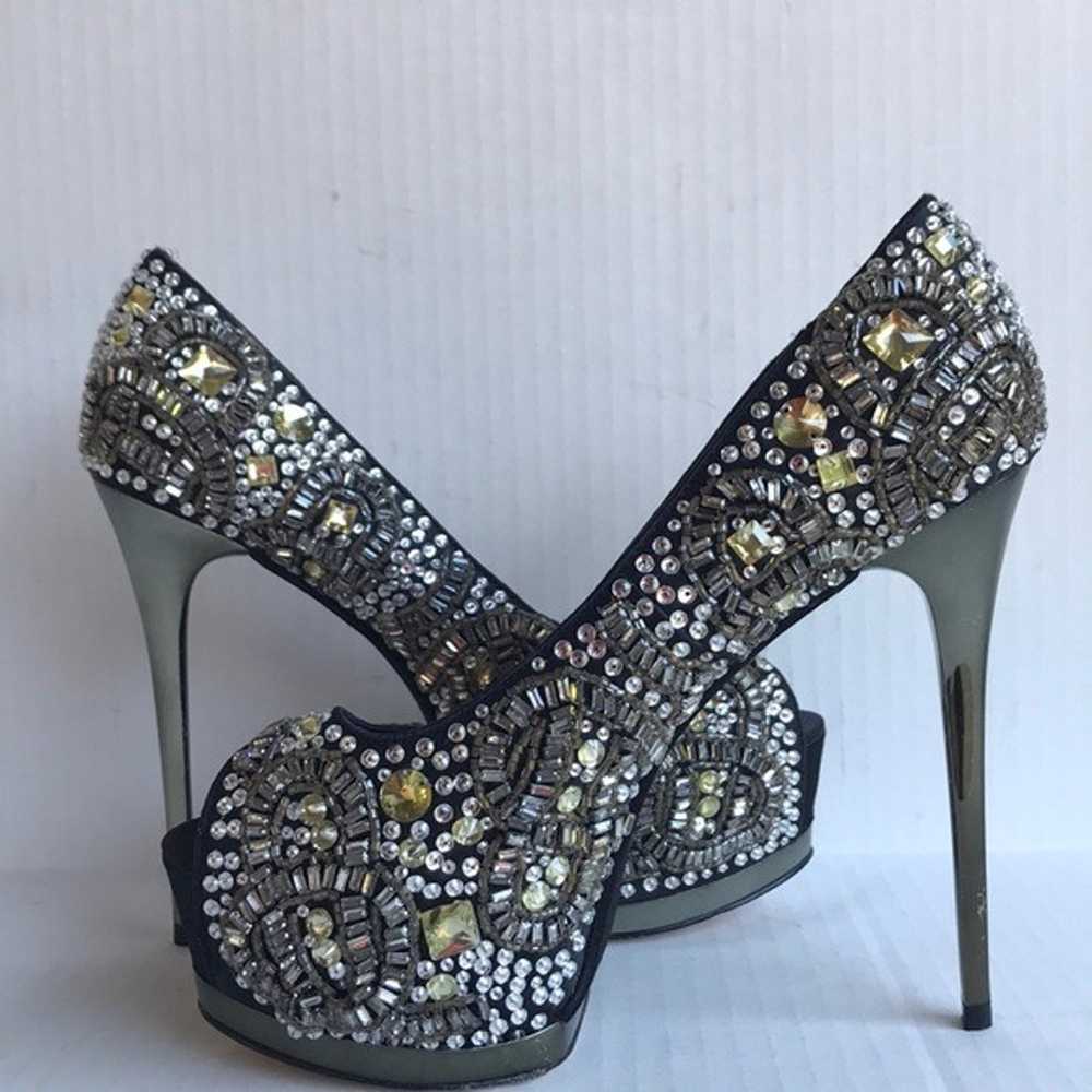 ZIGINY Romi Jeweled Satin Peep Toe Pumps in Black… - image 3