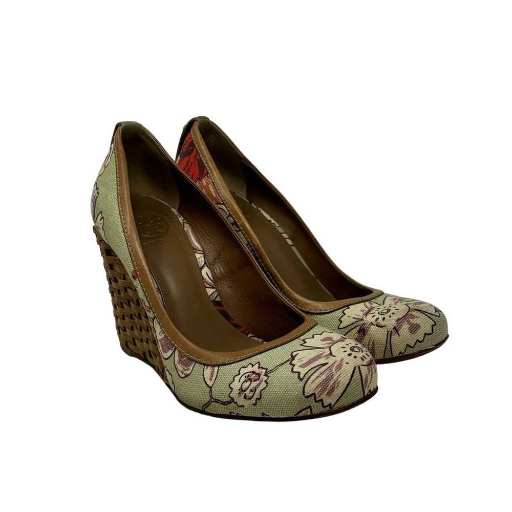 Tory Burch Floral Fabric Straw Woven Wedge Heels … - image 1