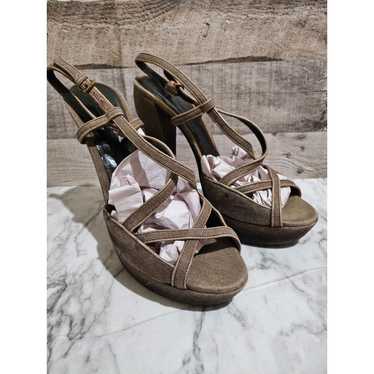 Burberry Wood Linen Leather Platform Heels 9 EU 40