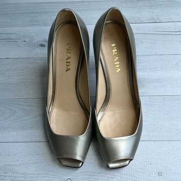 Prada Metallic Green Silver Leather Peep Toe Pump… - image 1