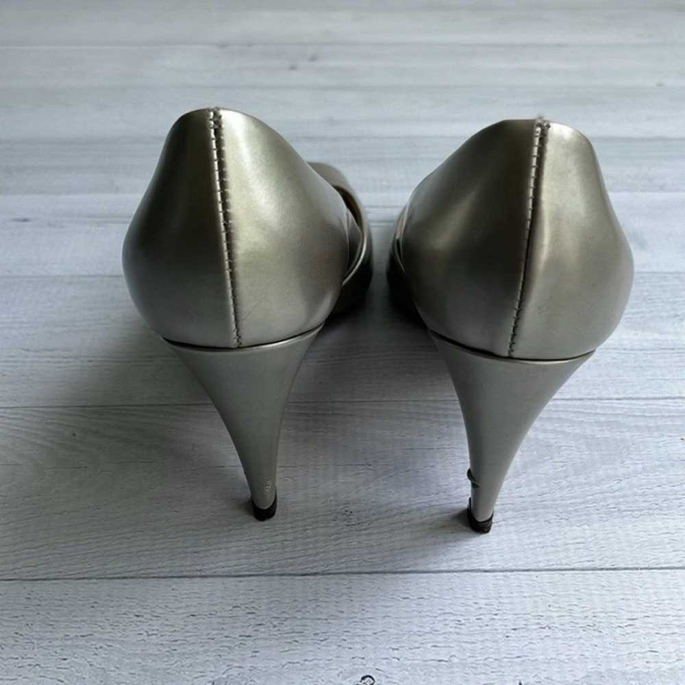 Prada Metallic Green Silver Leather Peep Toe Pump… - image 5