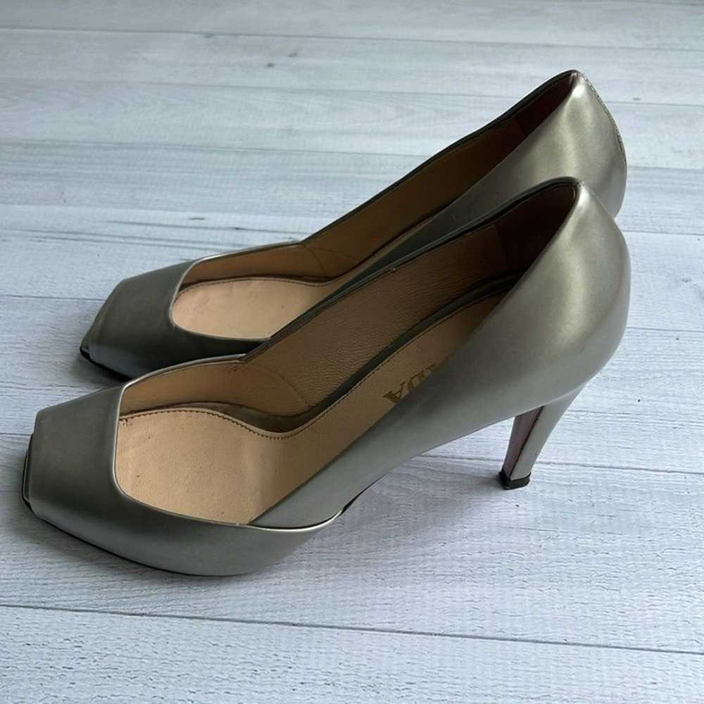 Prada Metallic Green Silver Leather Peep Toe Pump… - image 6