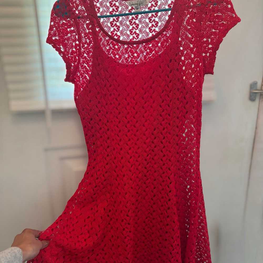 Red crochet mini dress short sleeve - image 3