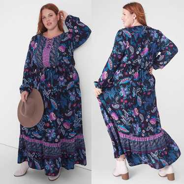 Lane Bryant Paisley Lace-Up Neck Longsleeve Maxi … - image 1