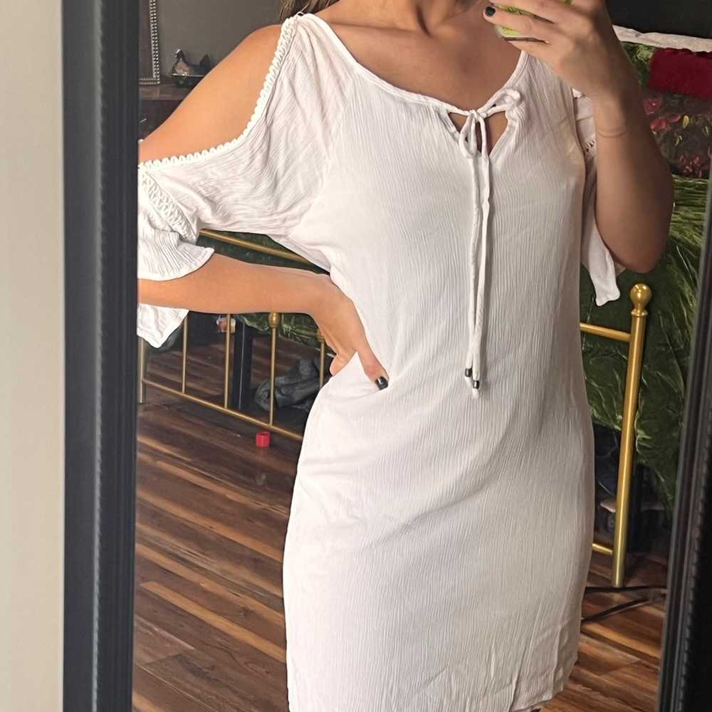 Cold Shoulder White Linen Beach Dress - image 1