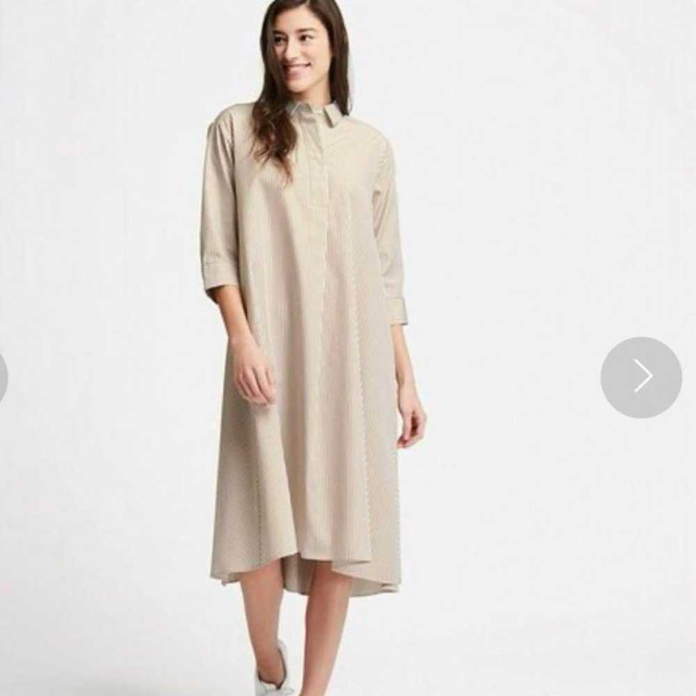 UNIQLO Shirt Dress 3/4 Sleeve White Brown - image 2