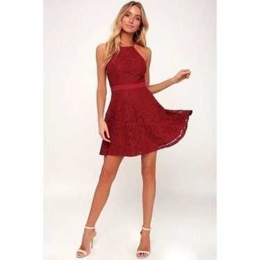 Wine Red Lace Skater Dress - image 1