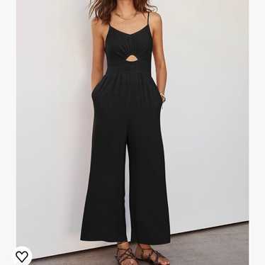 Black Linen Jumpsuit Cropped Wide Leg V-Neck Cut … - image 1