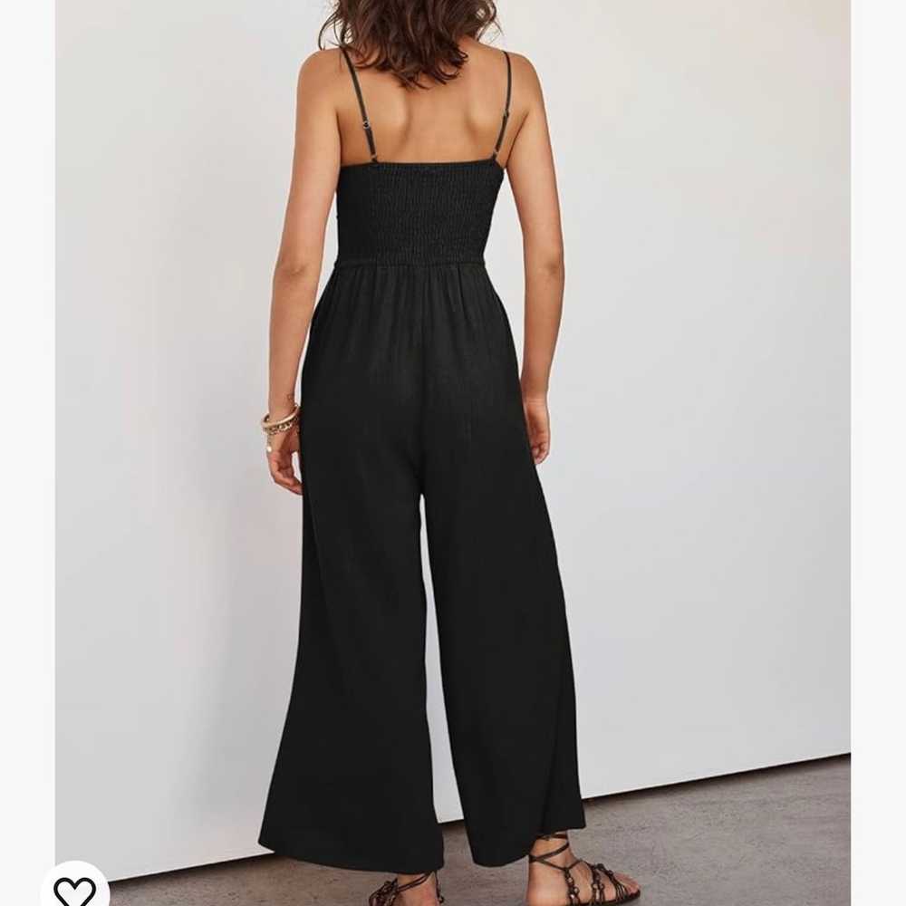 Black Linen Jumpsuit Cropped Wide Leg V-Neck Cut … - image 2