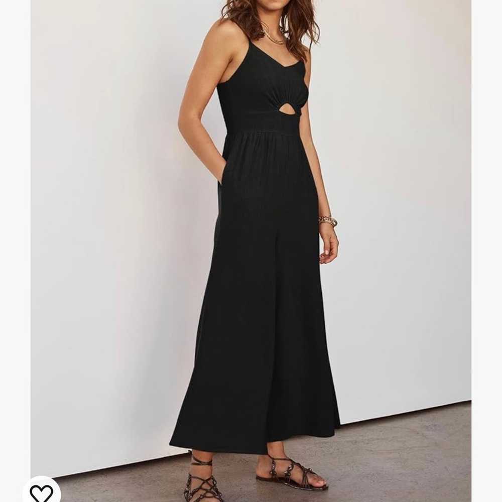 Black Linen Jumpsuit Cropped Wide Leg V-Neck Cut … - image 3