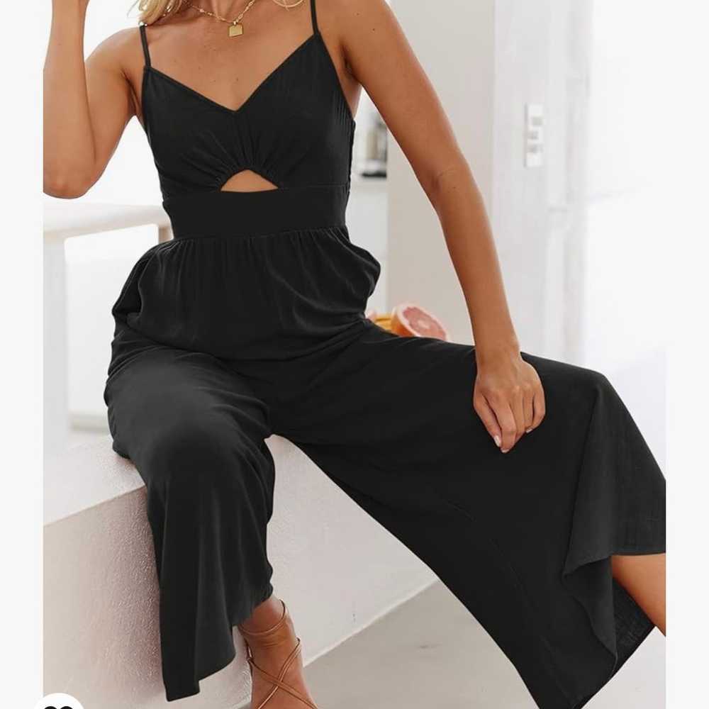 Black Linen Jumpsuit Cropped Wide Leg V-Neck Cut … - image 4