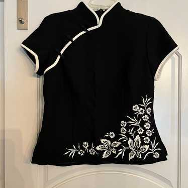 Vintage black and white Asian inspired floral emb… - image 1