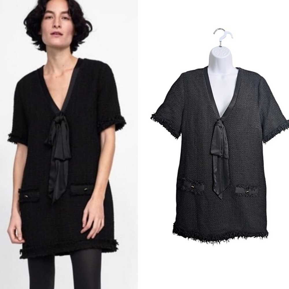 Zara Woman Black Tweed Mini Dress V-Neck Satin Bo… - image 1