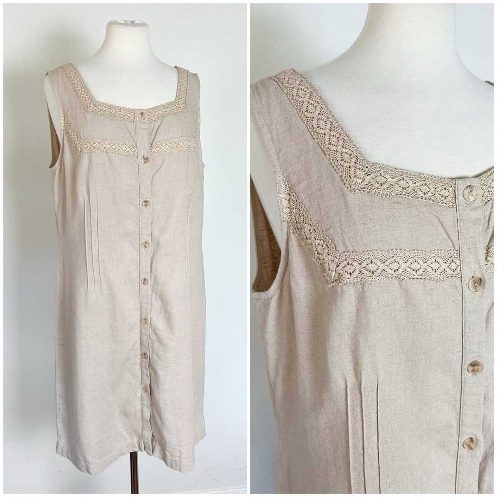 Vintage Y2K Linen Lagenlook Lace Beige Flax Dress… - image 1