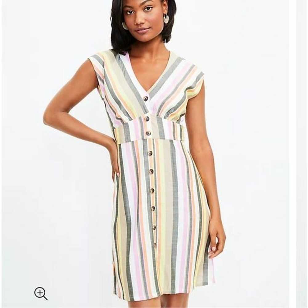 LOFT Midi Dress Women Sz 14 Pink Yellow Striped V… - image 1