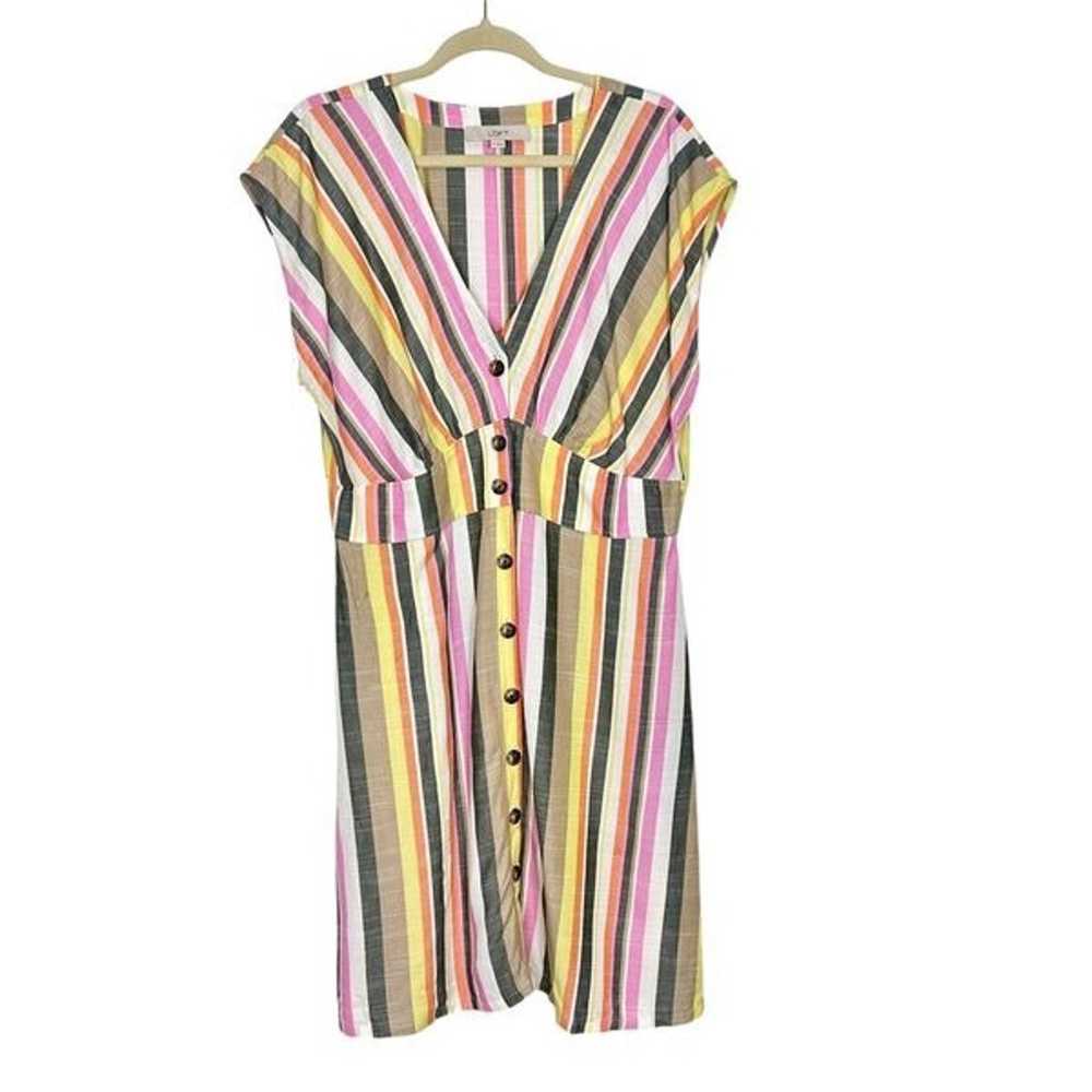 LOFT Midi Dress Women Sz 14 Pink Yellow Striped V… - image 2