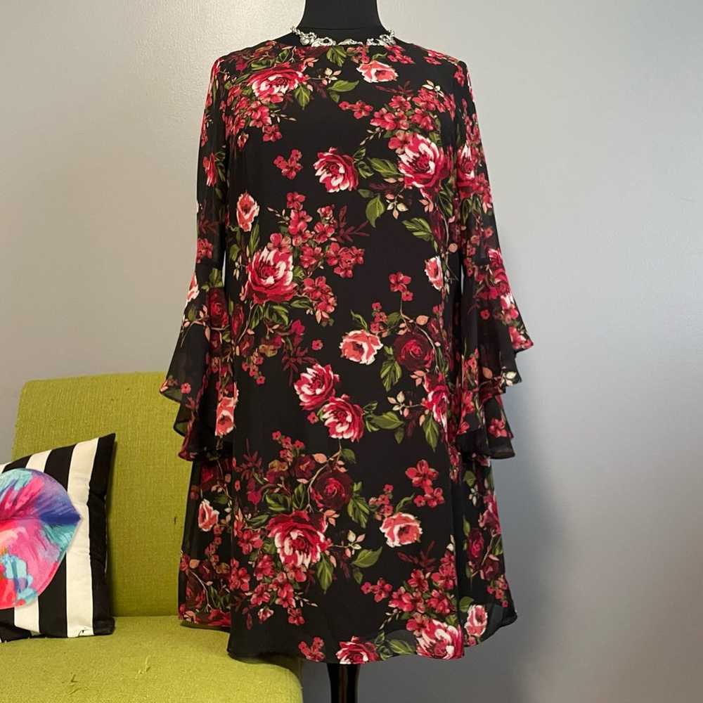 Nine West Black Red Floral Bell Sleeve Cocktail S… - image 1