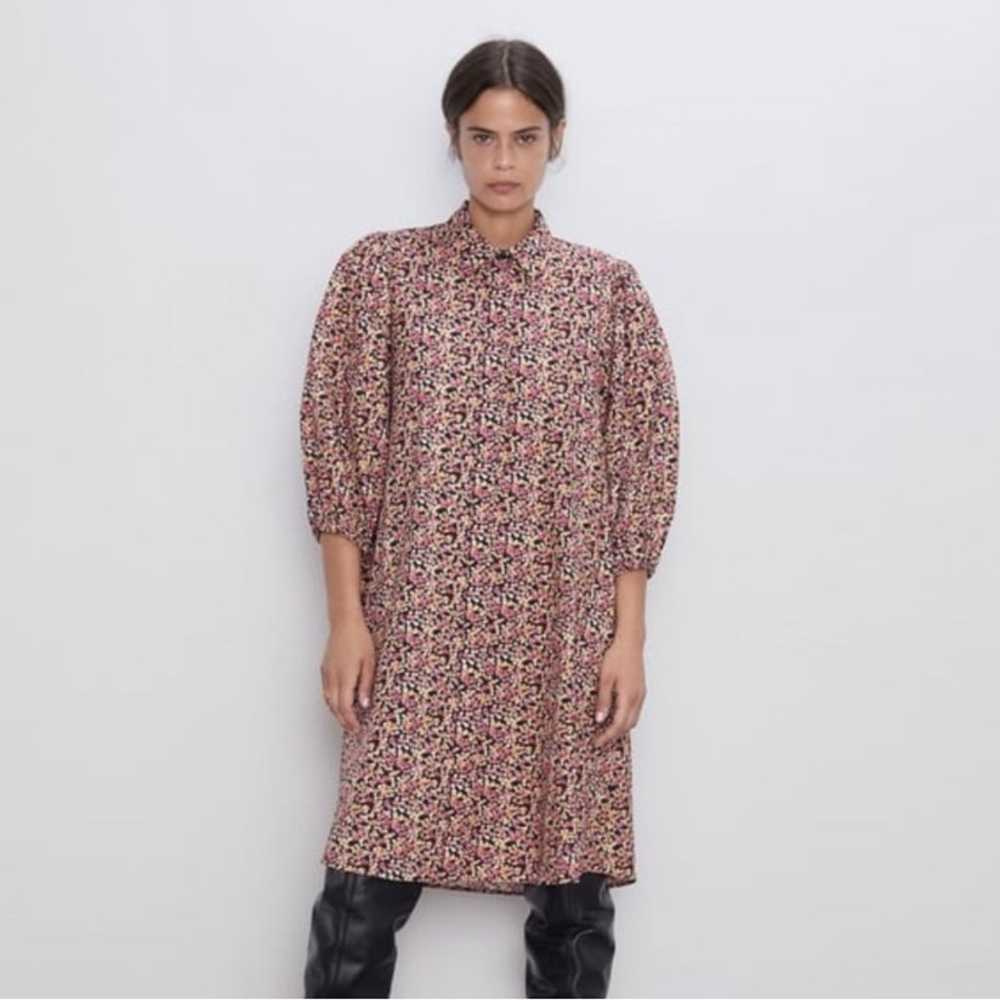 Zara printed floral puff sleeve shirt dress - image 1